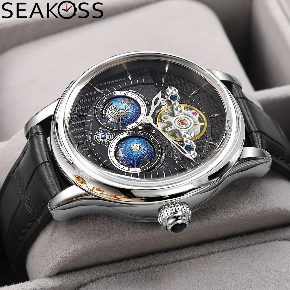 SESKOSS Double Globe Automatic Rotating Men Mechanical Watches Earth Flywheel Device Men\'s Military Wristwatches 1963 Clock