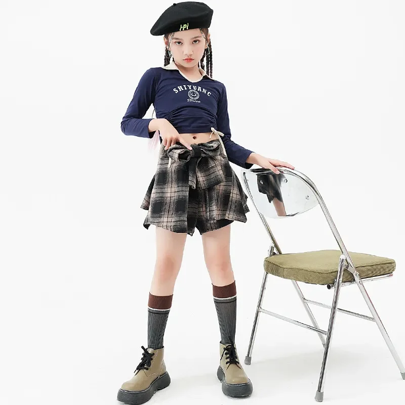 Hip Hop Costumes Girls Fashion Navy Blue Long Sleeve Crop Top Plaid Short Skirt Sets Children's Jazz Dance Clothes Stage Outfits