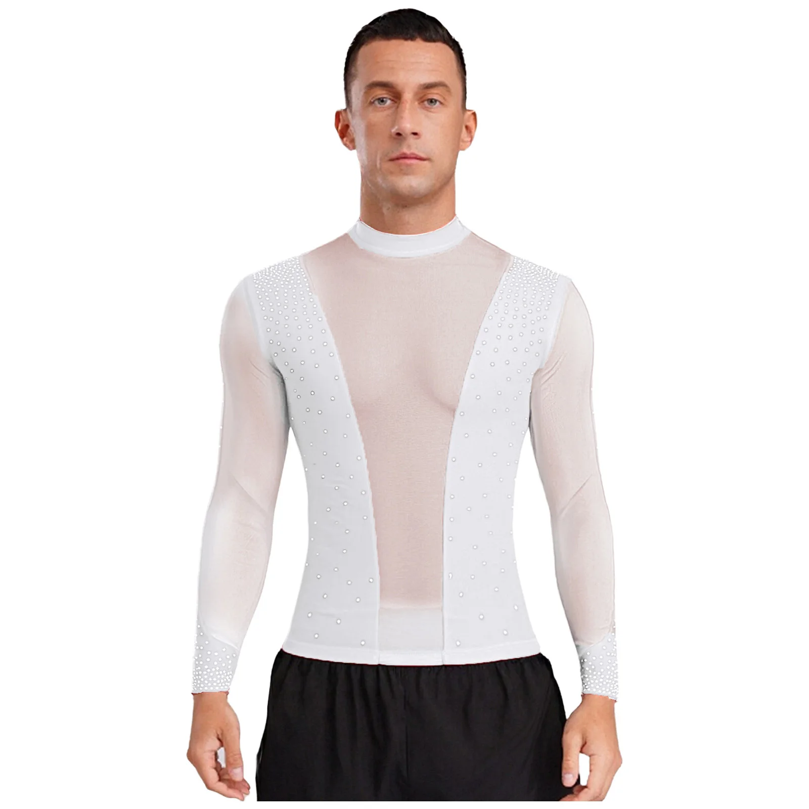 남성용 반짝이는 라틴 댄스 셔츠 시스루 메쉬 긴팔 티셔츠 블라우스 (볼룸, 삼바, 탱고, 차차 무대 공연용)