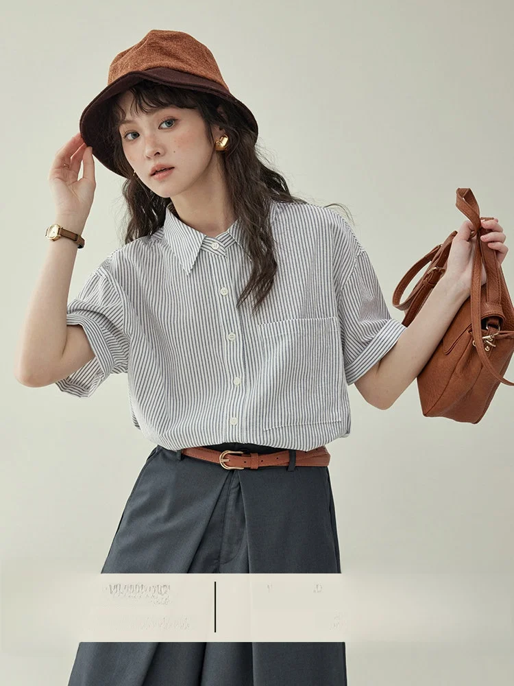 

AMUU Shirt Women's Summer Design Pocket Short Sleeve Single Button Cotton Polyester Blend Japanese Style Striped Top