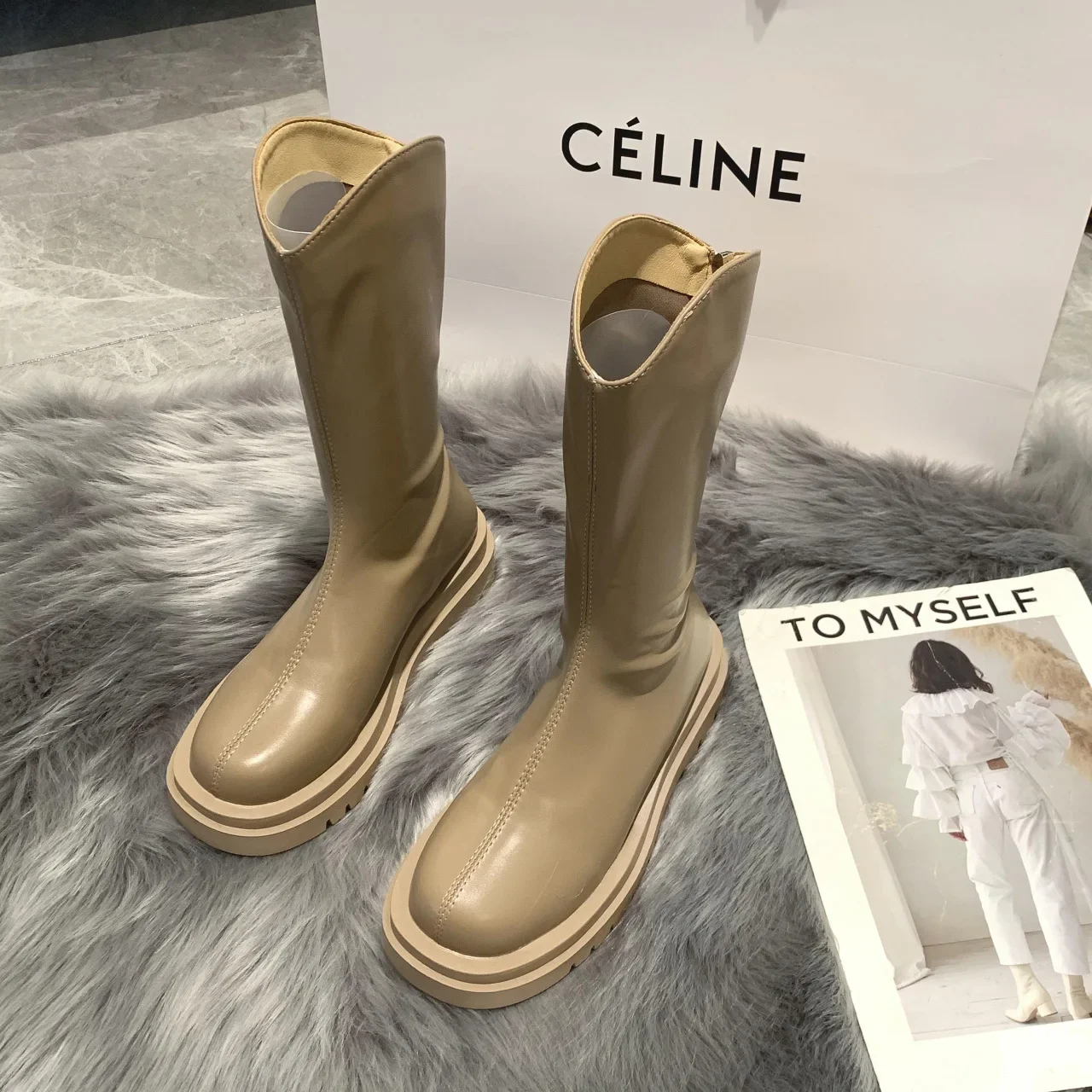 Bottes à plateforme mi-mollet pour femmes, bottes Parker rondes, fermeture éclair, mode féminine, automne, hiver, nouveau, 2023