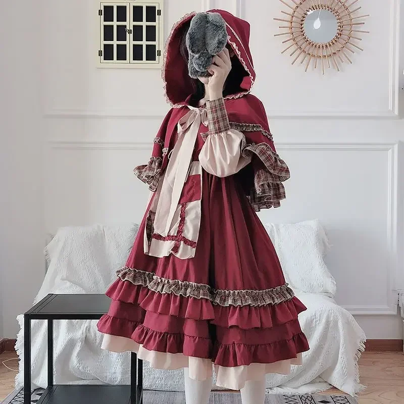 Japanese Lolita Two Pieces Set Women Plaid Patchwork Y2k Aesthetic Sweet Dress + Crop Hooded Bandage Cloak Jacket Outfits Suit