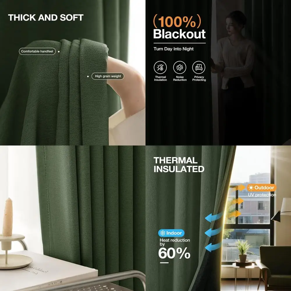 

Плотные шторы в стиле льна 90 на фермерском доме, набор из 2 панелей для спальни, полная светозащита и теплоизоляция (52x90, оливковый)