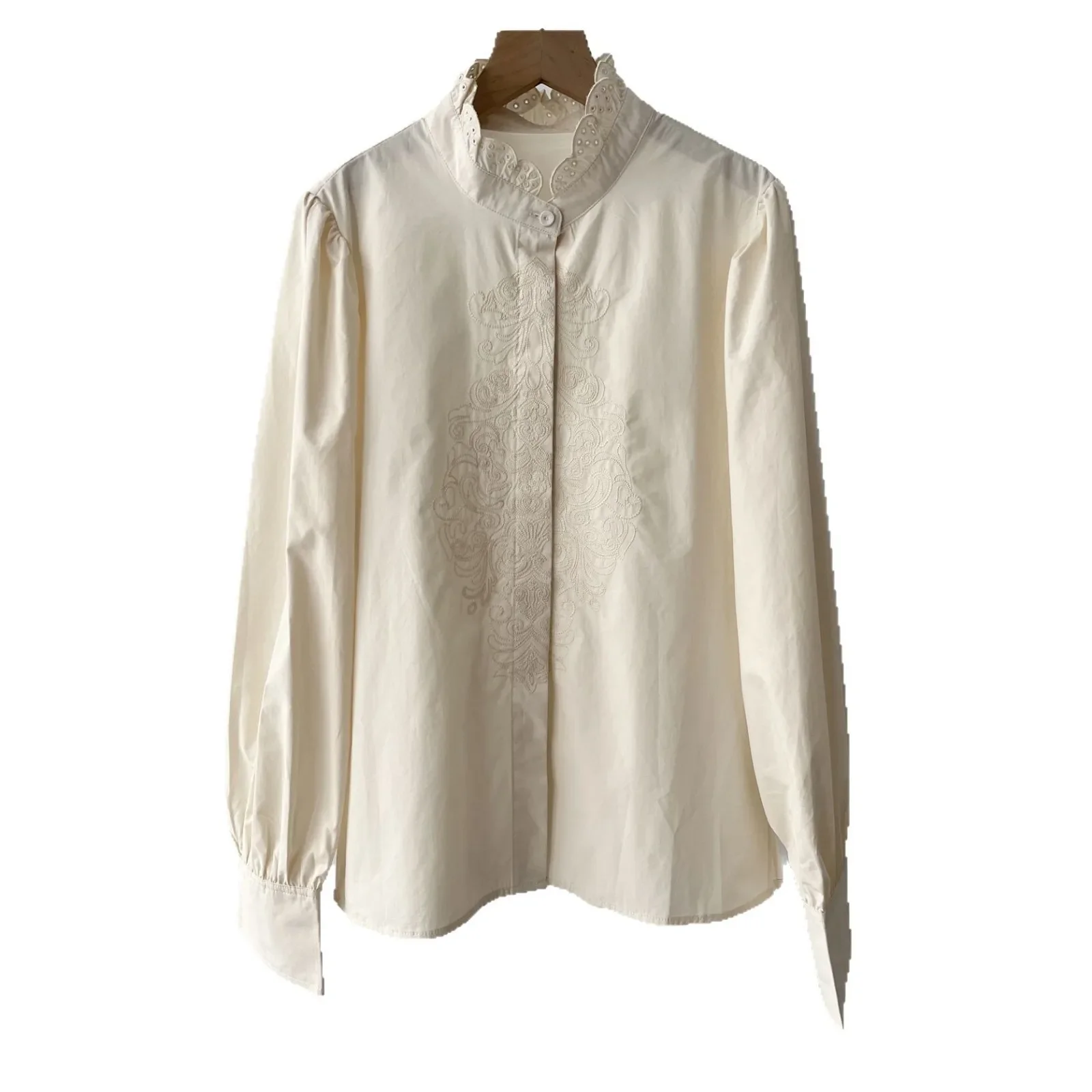 Sweet lace edge splicing stand-up collar white shirt women's spring fashion ruffle edge versatile shirt 51c-0087