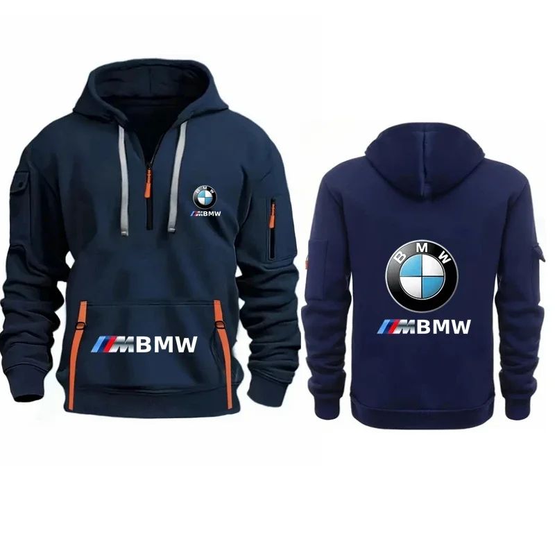 BMW Autumn/Winter Men's Casual Sports Hoodie Retro Harajuku Long Sleeve Zipper Multi Pocket Casual Fashion Loose Coat Street