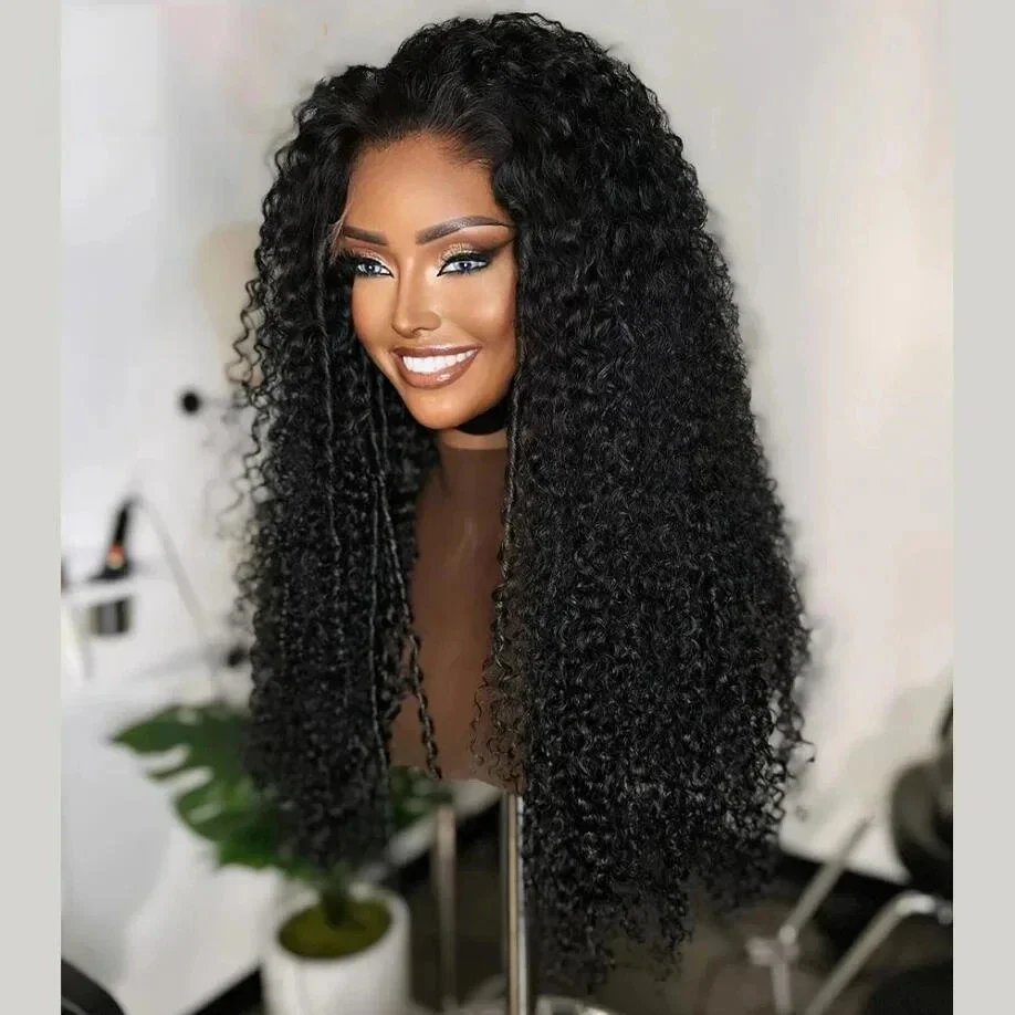 Natural Black Long Kinky Curly  Glueless Soft 26inch 180Density Deep Lace Front Wig For Women With Baby Hair Preplucked Daily