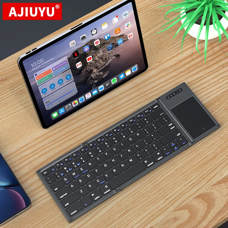 Dobrável mini teclado sem fio bluetooth inglês russo espanhol árabe hebraico português com touchpad para windows, android, ios