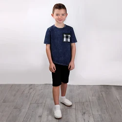 2022 Top Kids T-Shirt Summer Short Sleeves Clothes Children Boy and Girl Clothes Denim Blue Irregular T Shirt Black Zipper Pocke