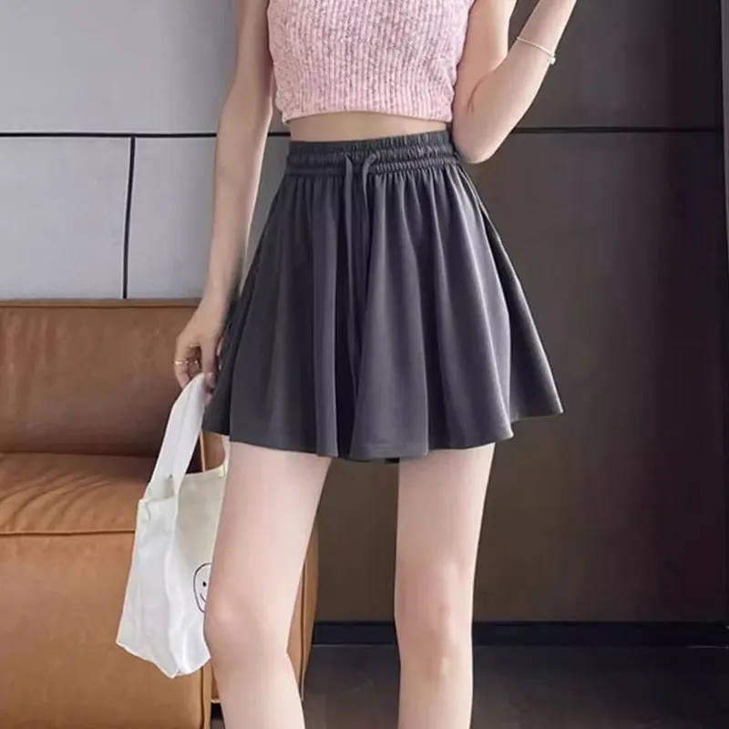 Summer Wide Leg Shorts Skirts High Waist Elastic Fashion Drawstring Basic Female Clothing Solid Color Casual Loose Folds Shorts