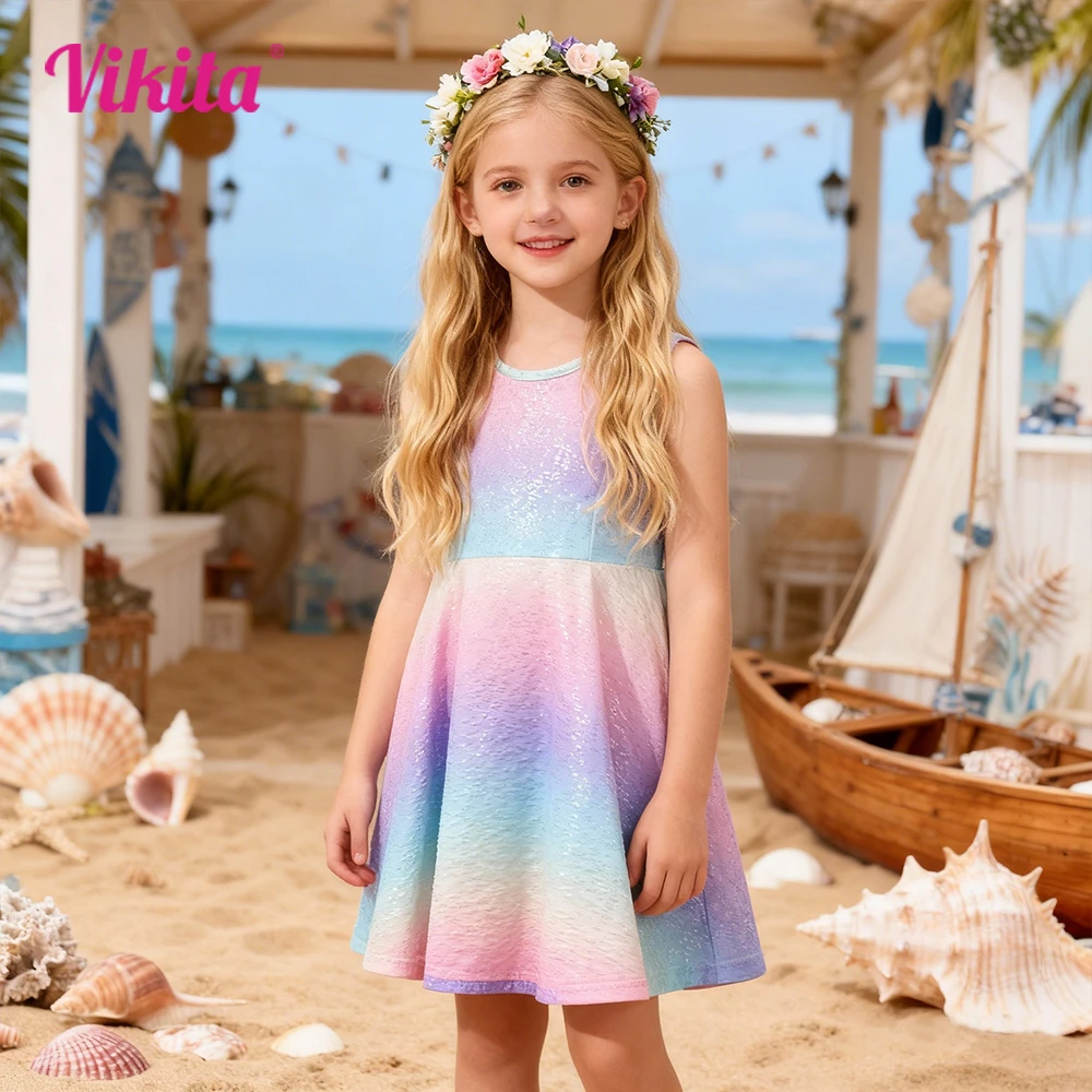 VIKITA Girls Rainbow Colorful Sleeveless Summer Dress Kids Gradient Polyester Vacation Beach Travel Daily Elegant Vestidos 4-12Y