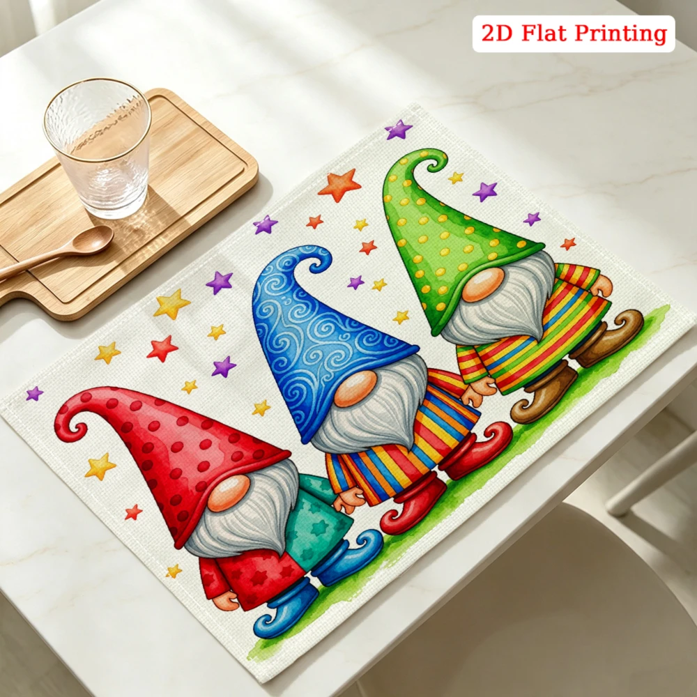 Three Colorful Gnomes With Stars Kitchen Placemat Coaster Linen Pad Dish Coffee Cup Table Mat 30x40cm Home Decor
