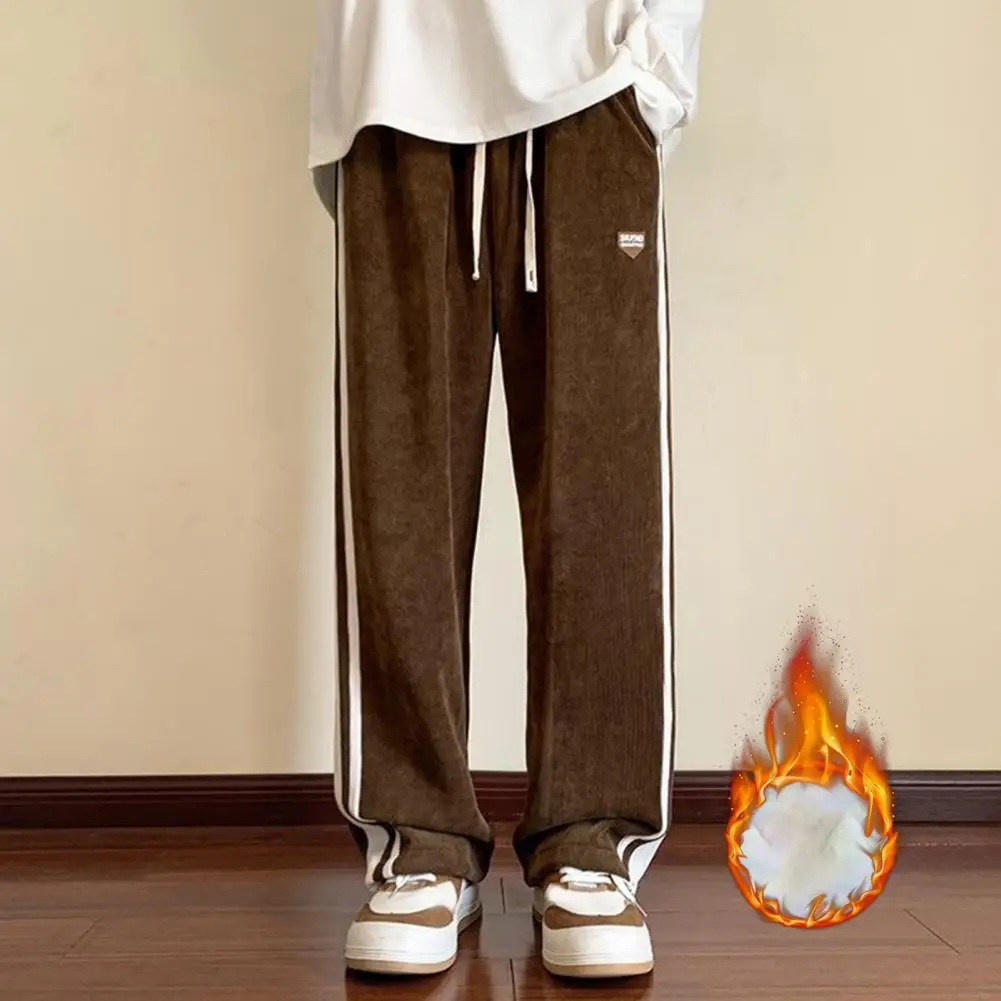 

Men Fleece Lining Pants Men's Winter Fleece-lined Wide Leg Sweatpants with Side Stripes Hip Hop Style Trousers for Casual