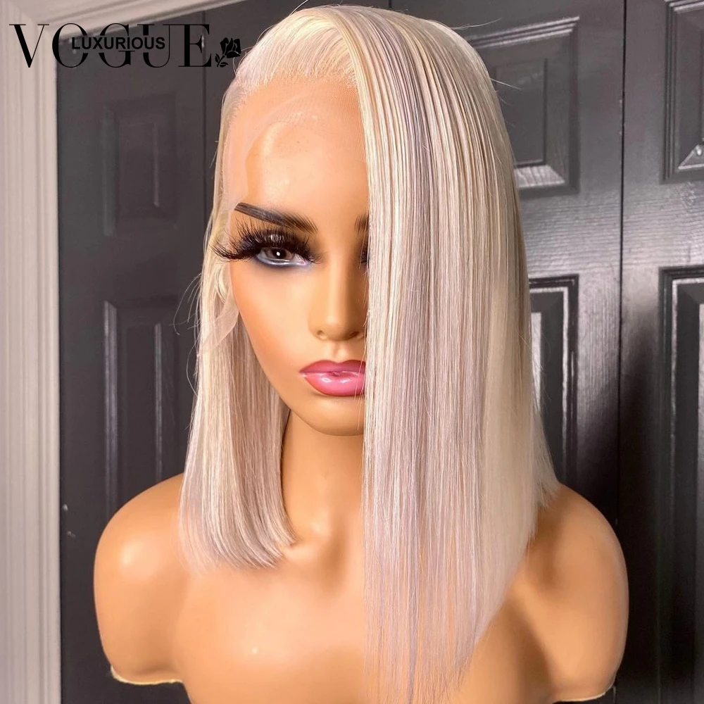 Perruque Bob Lace Front Wig Naturelle Lisse, Cheveux Courts, Couleur Blond Miel Platine, Coupe Pixie, 13 Tages, pour Femme