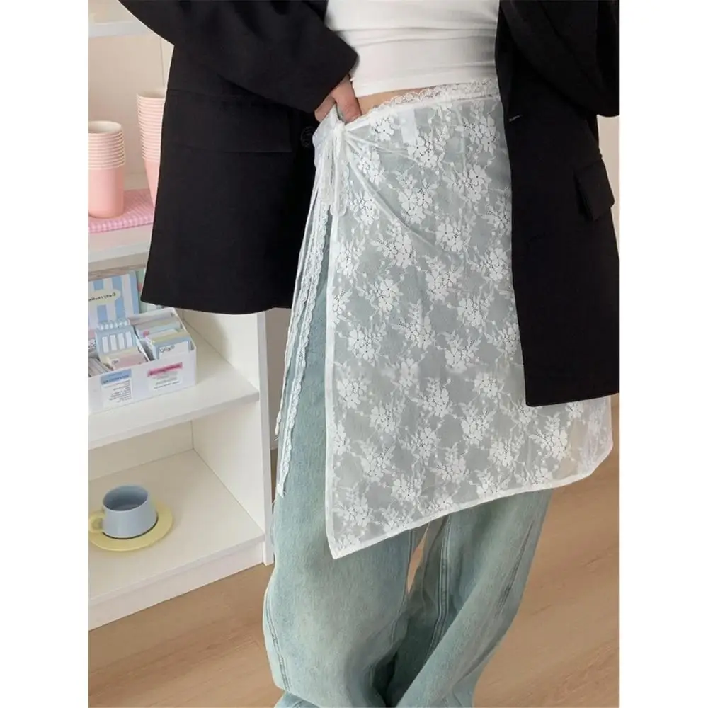 Jupe superposée en dentelle au design floral confortable, style streetwear coréen Y2K, jupe portefeuille esthétique légère à nouer à la taille pour femmes