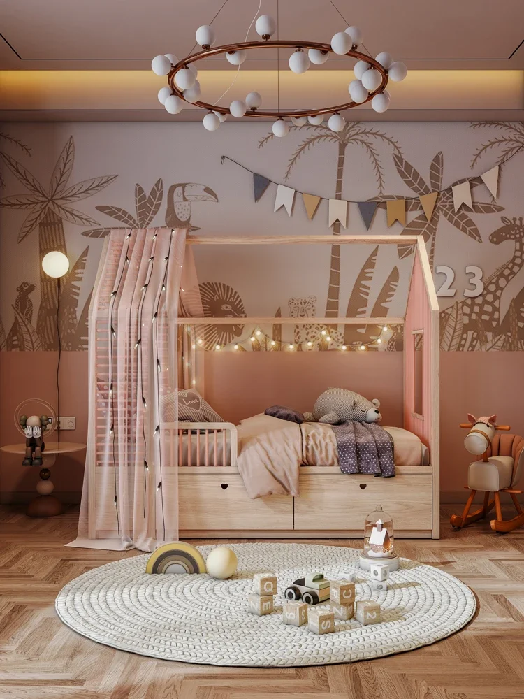 Treehouse Kids Bed Castle Princess Girls Bedroom with Drawer Boy Solid Wood with Guardrail Single Bed