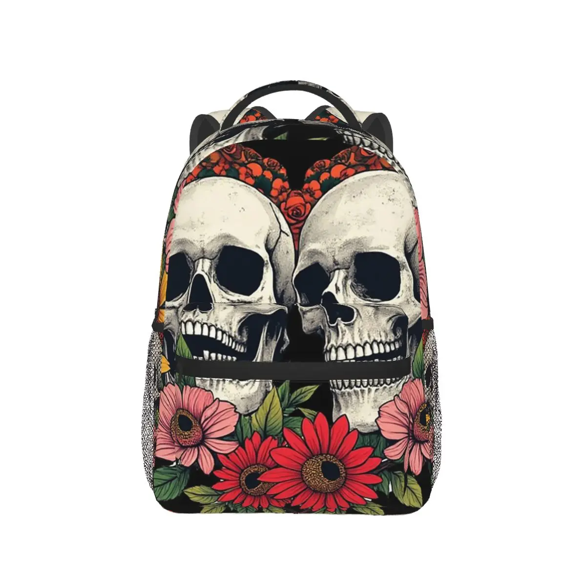

Two Skull Surround Red Flower Halloween Backpack Hot Sale Daypack Large Capacity Boys Girls BookBag School Bag Shoulder Bags