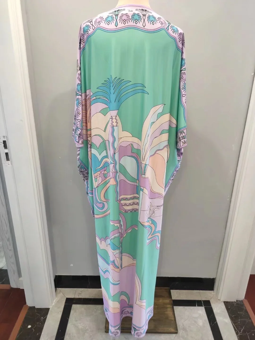 Printing Elegant Robe V-Neck Increase Style Knitted Elastic Caftan Fashion Loose Long Dresses