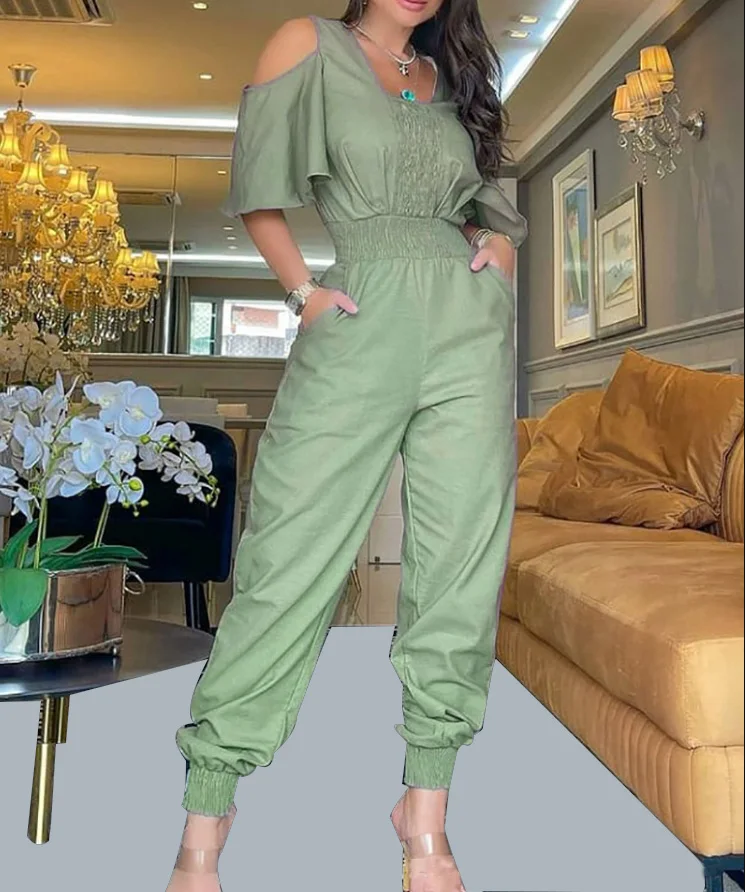 

2023 Woman Long Jumpsuits Elegant Military Green Off Shoulder Waist Jumpsuit Female Clothing Outfits