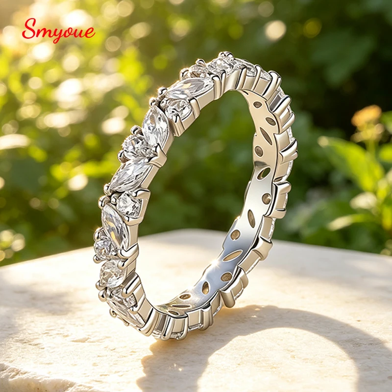 Smyoue Trendy All Moissanite Full-eternity Wedding Rings for Women Sparking Matching Band 925 Sterling Silver Fine Jewelry Gifts