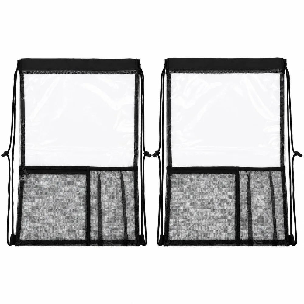 2 Pack Durable Black Drawstring Backpack Mesh Pocket EVA Transparent Cinch Bag Portable See Through Pouch Gym