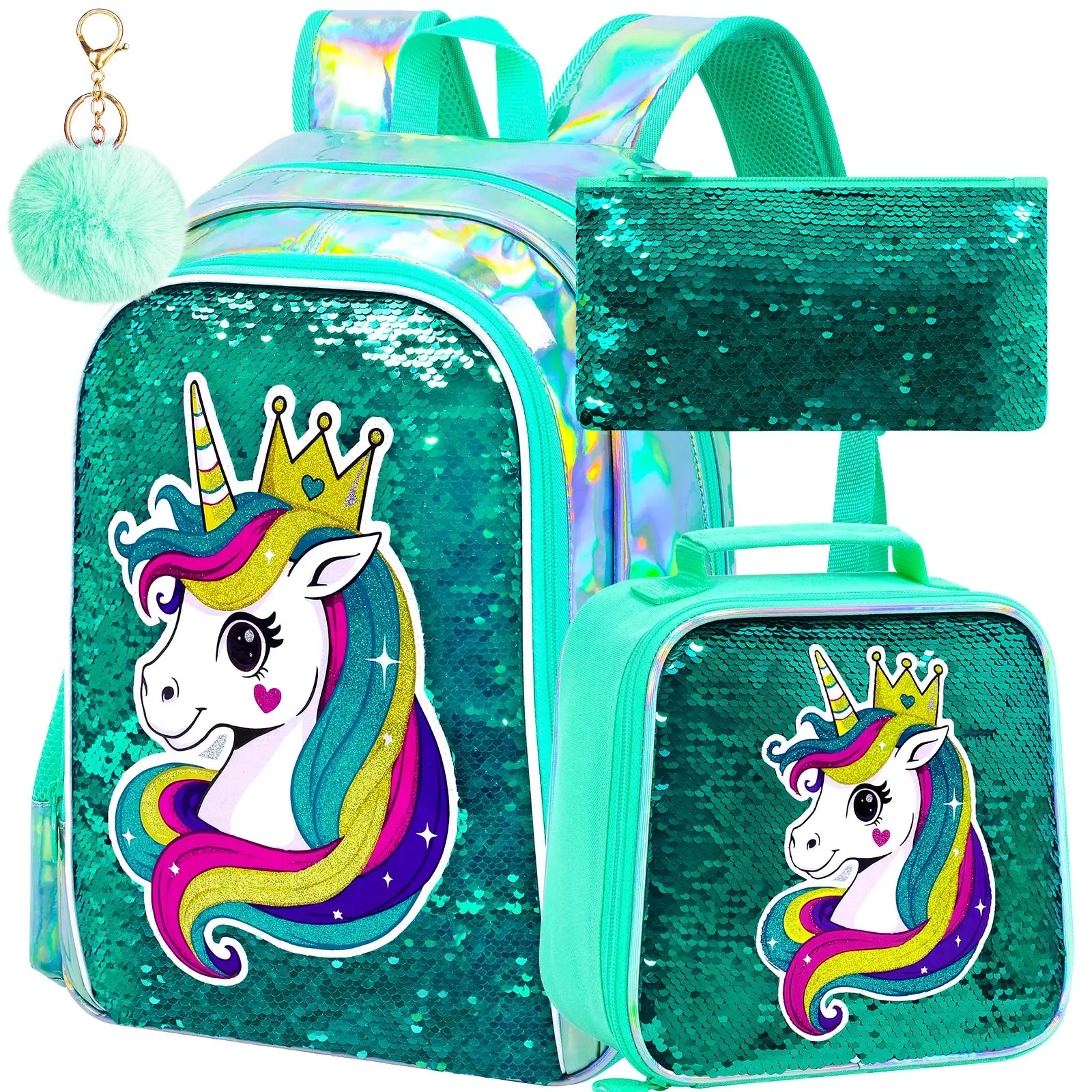 

Mint Green Flip Sequins Unicorn Backpack 3-in-1 Set Girls Sparkly School Bag with Lunch Box & Pencil Case Kids Casual Daypack