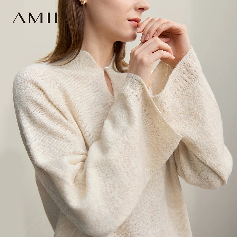 

Женский свитер Amii 2026: Новинка Весны, Шерстяной Вязаный Свитер с Воротником-стойкой, Свободный Крой, Ажурный Пуловер, Топ 12621060