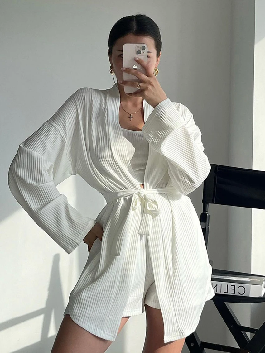 

Marthaqiqi Causal Ladies Pajama 3 Piece Set V-Neck Robe Long Sleeve Sleepwear Tank Tops Lace Up Nightie Shorts Femme Pyjama Suit