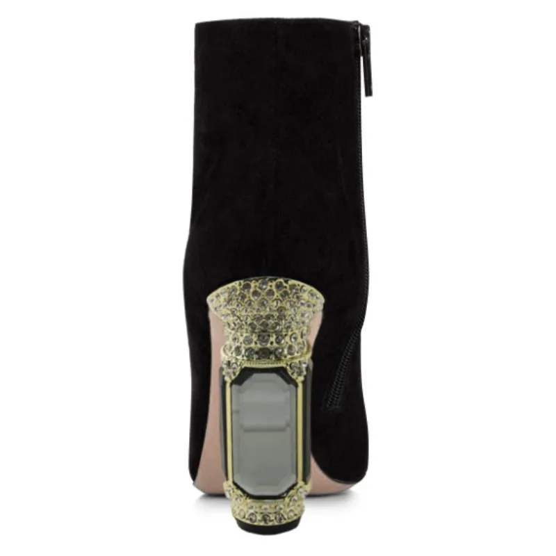 

DIZHUANG Fashionable women's high-heeled boots. Black suede boots. About 10.5cm heel height. Crystal heel. Pointed ankle boots.