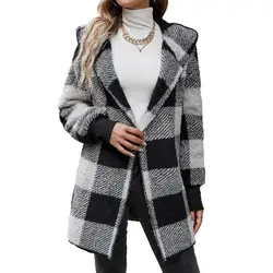 Women Outerwear Cozy Hooded Plaid Print Overcoat for Women Thick Knitted Fall Winter Coat with Elastic Cuff Mid Length Loose