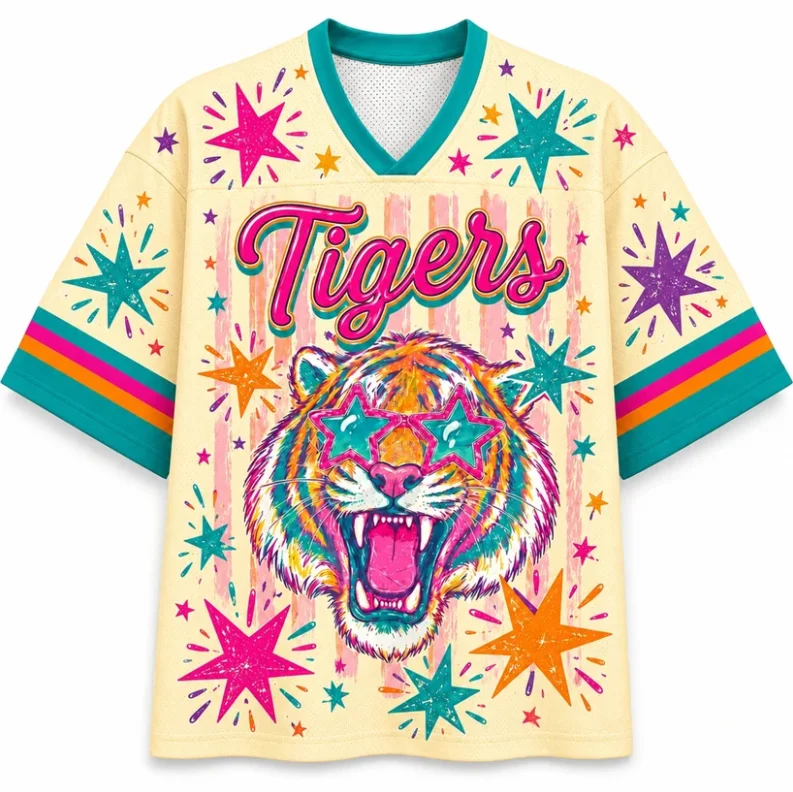 Tiger Klawson 24 Jersey T-shirt 3D Full Color Tiger Head Star Sunglasses Pattern V-neck Short Sleeved Retro Sports Casual Top