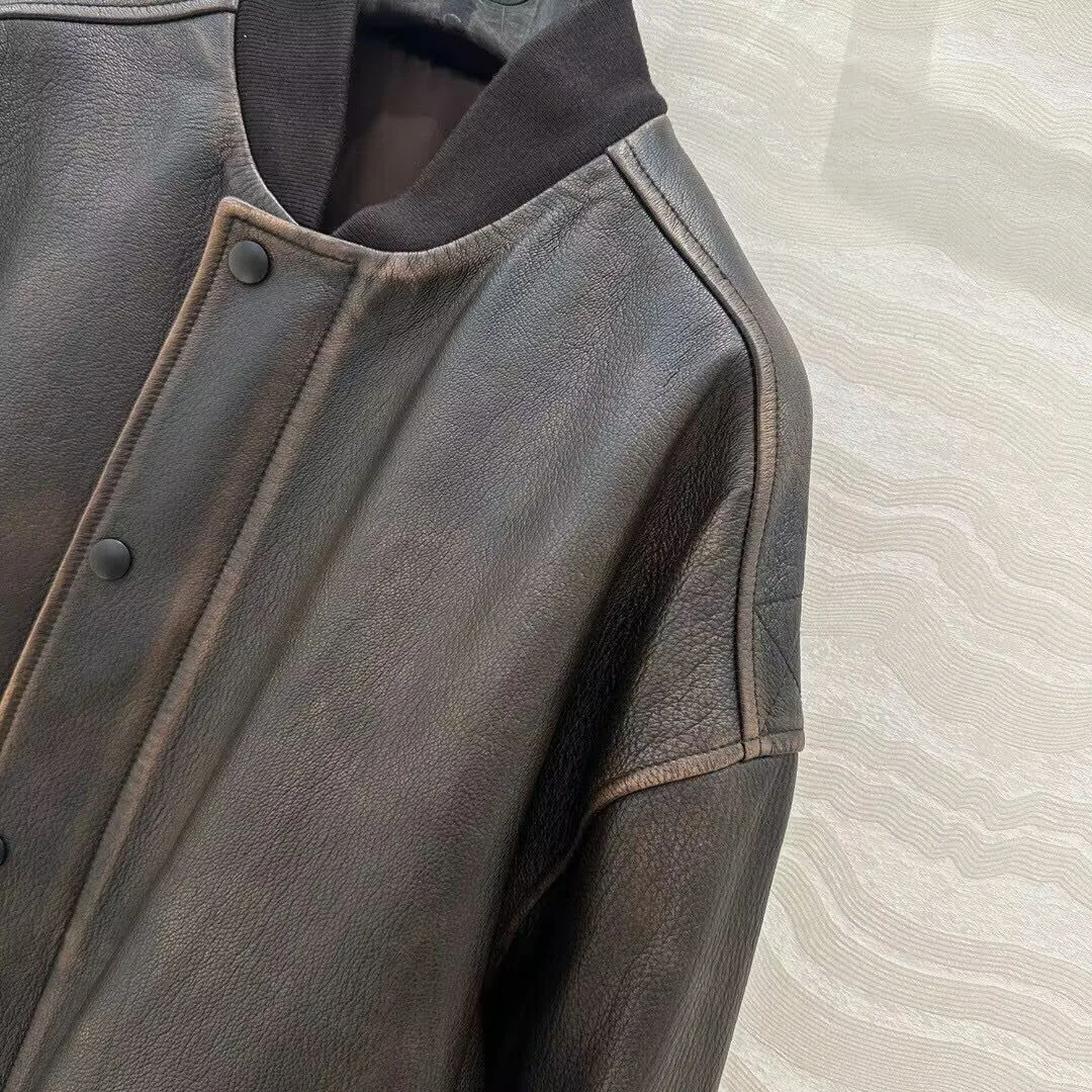 Vintage Distressed Wax Gedrukt Bruine Schapenvacht Leren Jas Dames Ronde Hals Lange Mouw Single Breasted Bomber Streetwear Jas