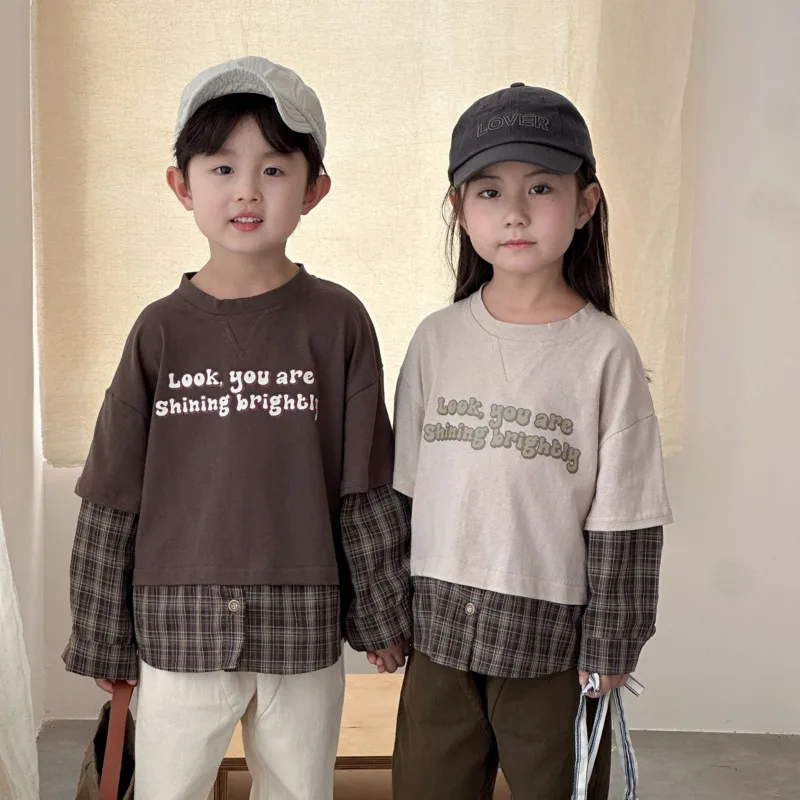 

2025 Autumn Winter Children Long Sleeve Bottom Cotton Fake Two-Piece Boy Girl Outfit Plaid Baby Sweatshirt Pullover 3-10 Years