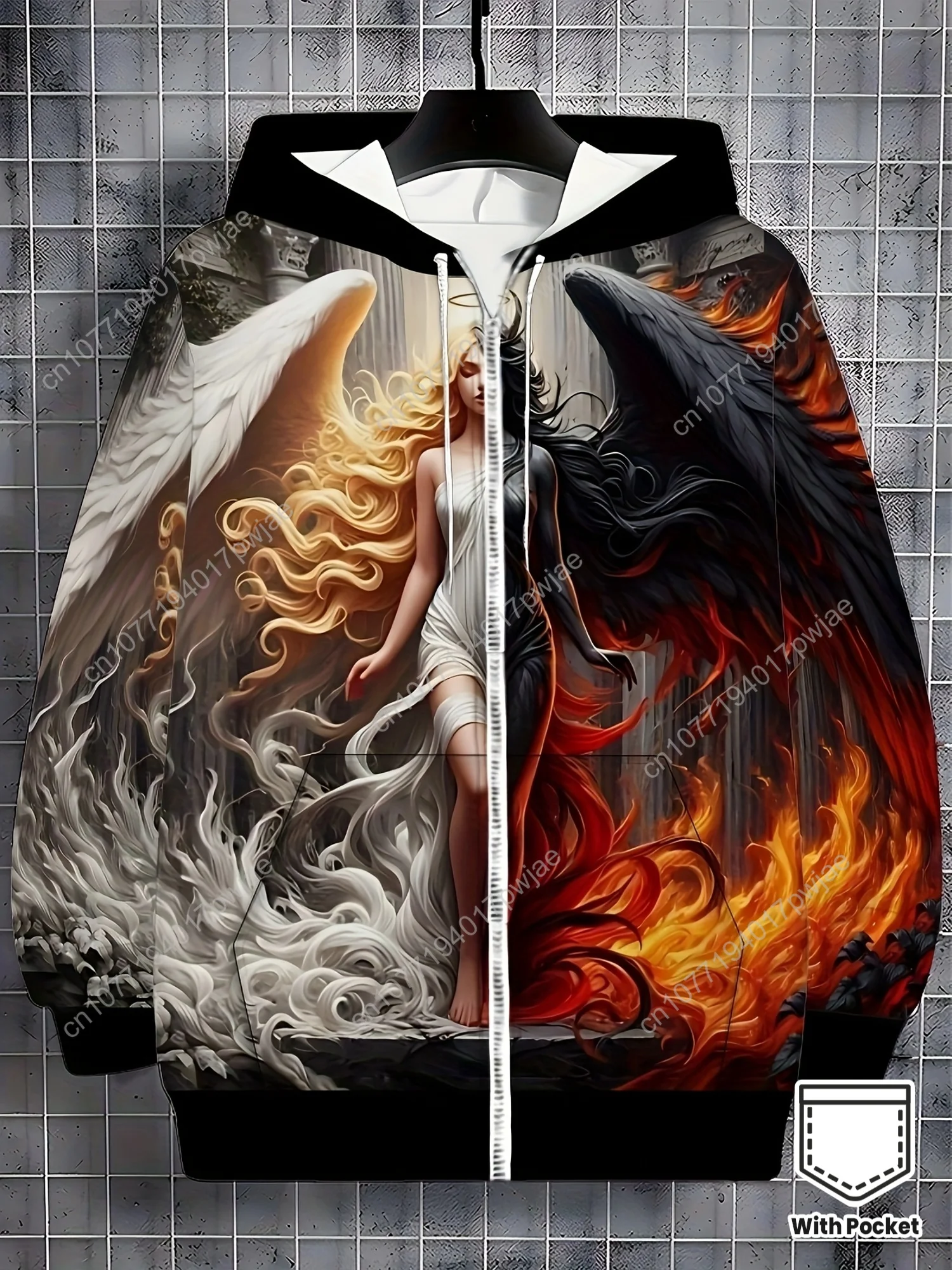 Moletom masculino com capuz com estampa de anjos e demônios, jaqueta casual de manga comprida com zíper e cordão e bolsos, 100% poliéster kn