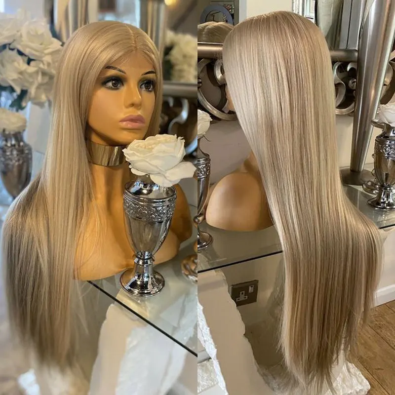 

Bombshell Platinum Grey Straight Synthetic 13X4 Lace Front Wig Glueless High Quality Heat Resistant Fiber Hair For Women Cosplay