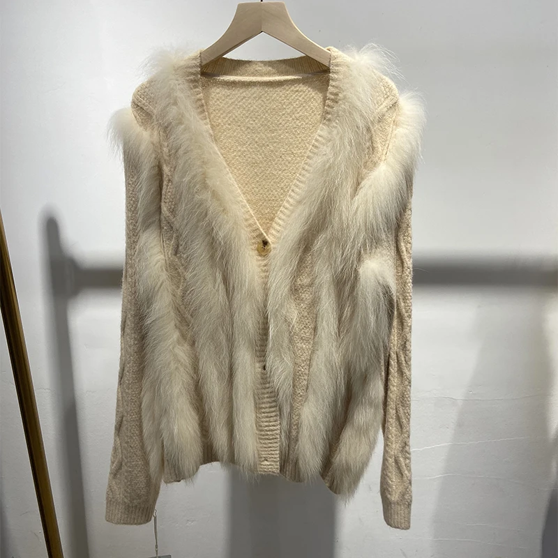 

Осенний женский темно-серый свитер из натурального лисьего меха цвета хаки, весенняя вязаная куртка из натурального меха