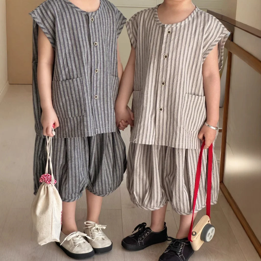 Summer Children Outfits Muslin Line Striped Single Breasted Kid Boys T-shirts Suit Loose Soft Half Pant 2Pcs Set Sibling Attires