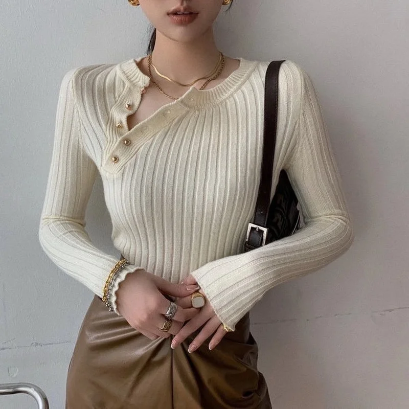 Knitted Sweaters For Women High Quality 2024 Trend Pullover Female Sweater Vintage Brown Striped Cropped Long Sleeve Cute Tops