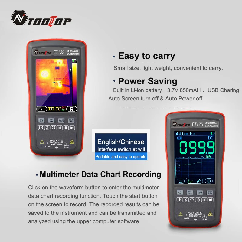 TOOLTOP Digital Thermal Imager Multimeter 2.8 Touch Screen Accuracy Thermal Imaging IR Camera Pixel Multimetro Meter Data Record