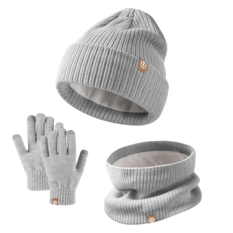 3pcs Winter Set for Children Knit Striped Beanies Kids Scarf Double Layer Plush Lining Winter Hat Snood Gloves Set for Girl Boy