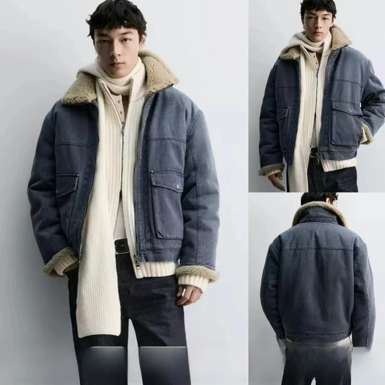 

Новое зимнее мужское джинсовое пальто с мехом ягненка, двустороннее хлопковое пальто со свободной талией, молодежное повседневное длинное пальто на молнии све, американский слэ