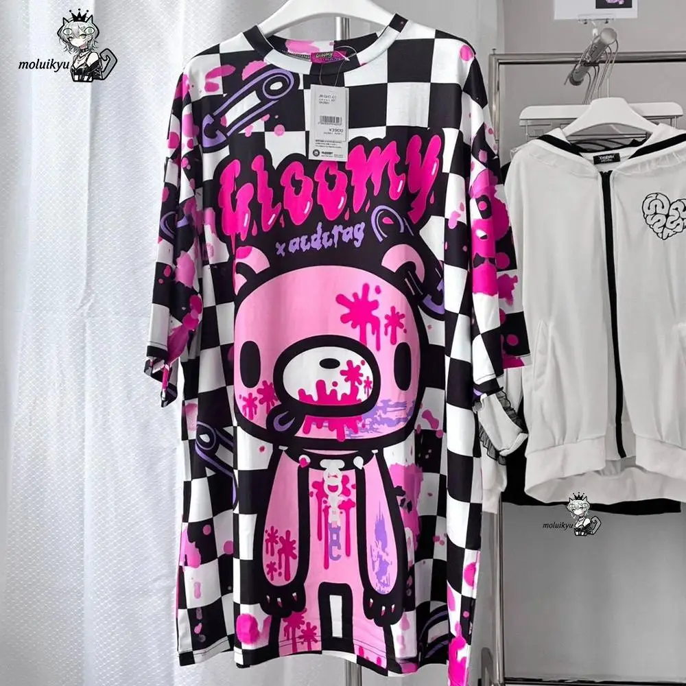 Viral Goth Y2K Gloomy Bear Checker Splatter Print Oversized Short Sleeve Tee Women Kawaii Punk Harajuku Loose Streetwear Tshirt