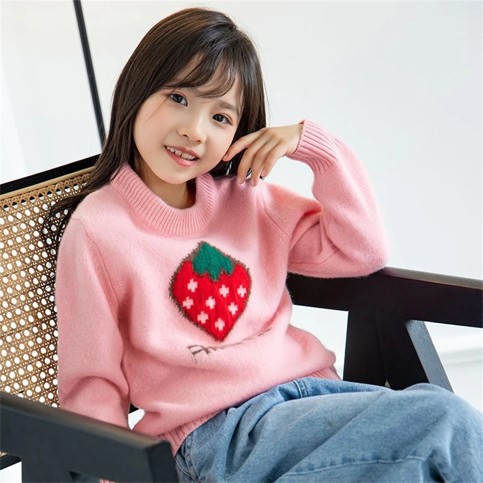 

Boy's 100% wool sweater Winter Warm Pullover Sweater Children's cartoon strawberry sweater Round neck jacquard cashmere sweater