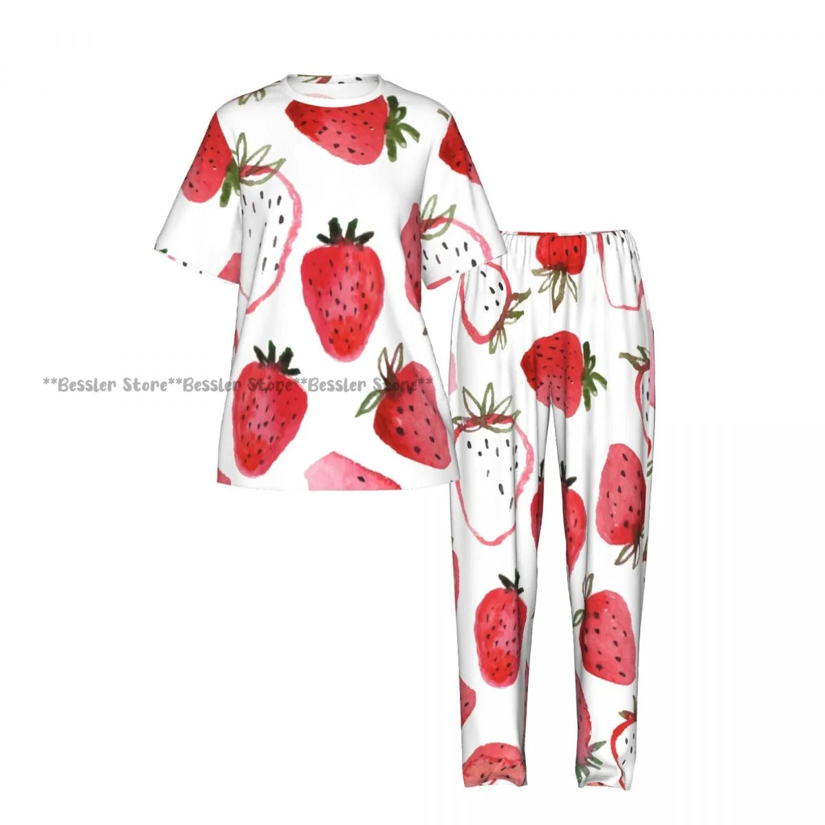 Women's 2-piece set Watercolor Strawberries Pajamas Short sleeved Top and Pants Sleepwear
