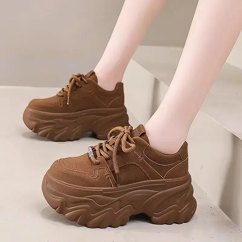 8CM Autumn Spring Women Non-slip High Platform Shoes Wedge Heels Casual Height Increasing Chunky Sneakers Women Leather Shoes