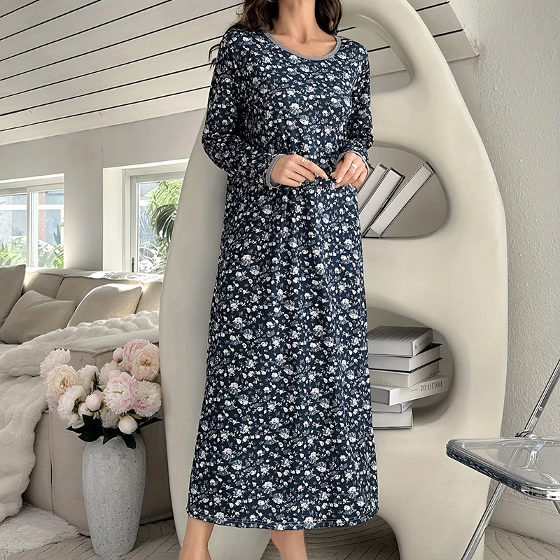 Comfortable Printed Pajamas for Women Long Sleeved Round Neck Loose Nightgown Soft Comfortable One Piece Nightgown Home Clothe