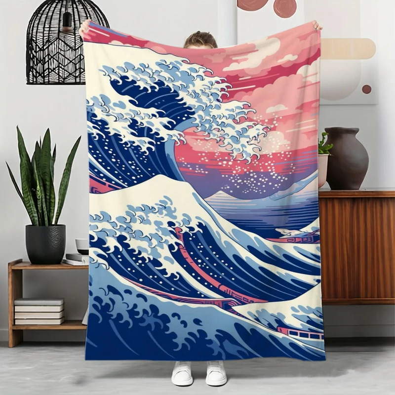 Ukiyo-e Wave Cherry Blossom Mountain Scene Flannel Blanket For Artistic Bedroom Decor Soft Warm Throw Blanket Drape