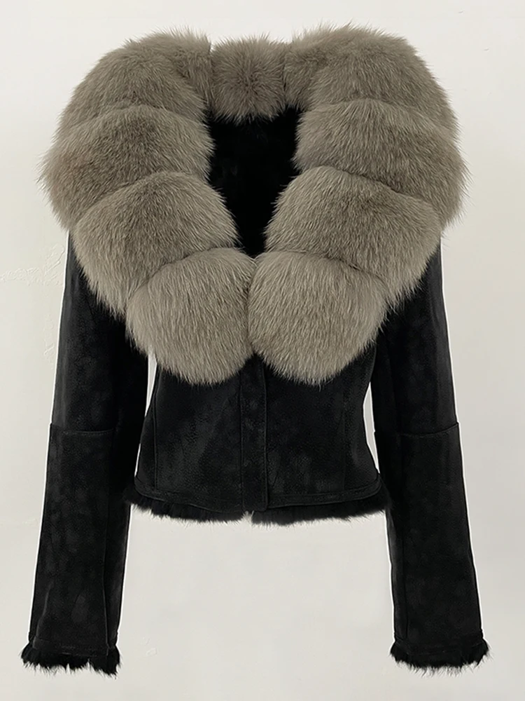 Nowa Jesienno-Zimowa Odzież Futrzana Prawdziwe Futro Królika Podszewka Kurtka Zamszowa Modna Krótka Naturalna Kołnierz z Futra Lisa Płaszcz Damski