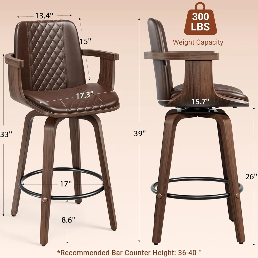 Mid-Century Modern Drehbare Barhocker, 26er-Set Thekenhöhenstühle mit Armlehnen, PU-Leder gepolsterte Barhocker
