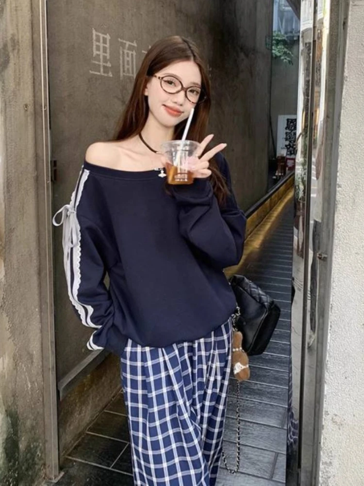 Y2k Esthetische Kant Brief Hoodie Dames Skew Kraag Lace Up Streetwear Hoody Harajuku Vintage Oversized Streep Lange Mouw Tops