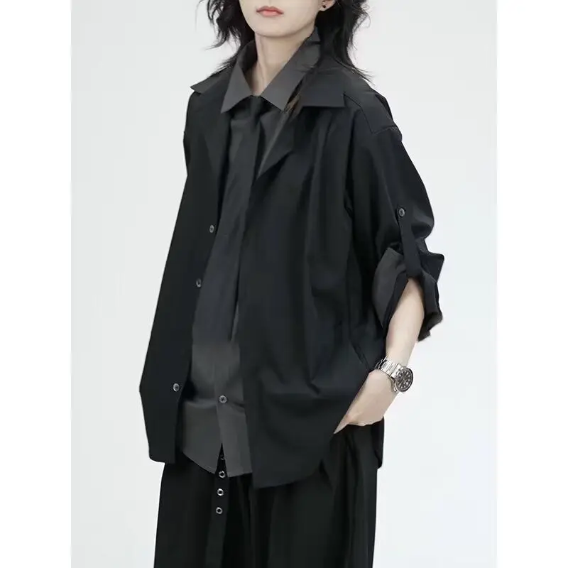 

Men's Loose Long Sve irt Fake Two-Piece Design k Button Deconstructed Sle Faionable Urban Polyester Fiber Blend